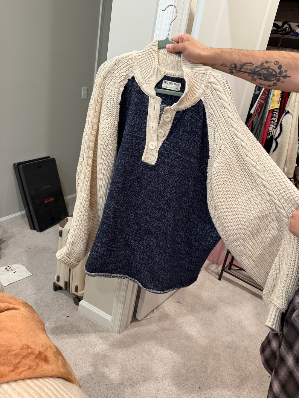 We The Free Two-Tone Navy and Cream Crewneck Henley Sweater
